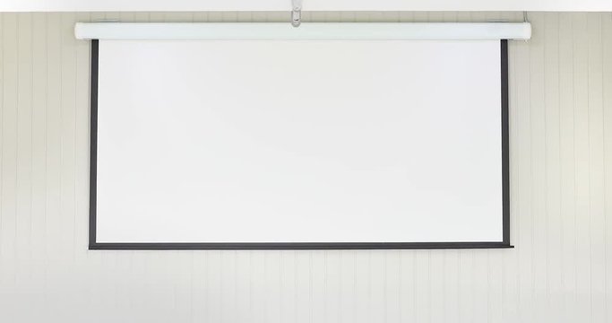 Moving up black border and white projector screen on white wall, concept for meeting time.