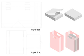 box and paper bag set mockup with dieline