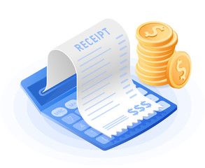 The accountant calculator, bill payment, stack of coins. Flat vector isometric illustration. The costs and expenses calculation, financial advising, finance control, audit, revision, business concept.