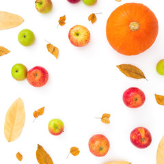 Autumn frame of fall leaves, pine cones, apples and pumpkin on white background. Thanksgiving day. Flat lay, top view