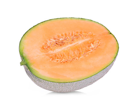 half sliced japanese melon, orange melon or cantaloupe melon isolated on white background