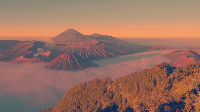 Misty sunrise view of Bromo-Tengger-Semeru National Park timelapse clip, Indonesia