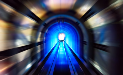 Super speed of futuristic blue tunnel. Abstract of llight and zoom effects.