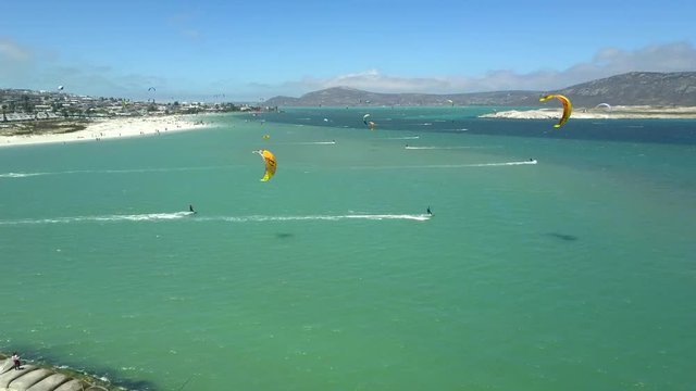 Drone footage of kitesurfing/kiteboarding in Langebaan lagoon in South Africa
