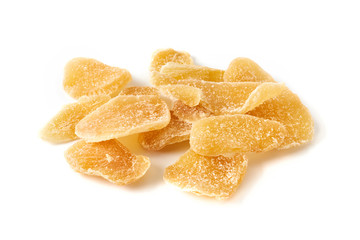 Heap of dried sweet ginger with sugar isolated on a white background.
