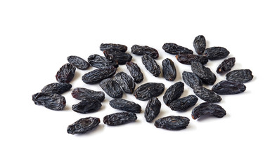 Heap of black raisins isolated on white background.