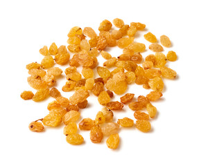 Yellow raisins isolated on white background.