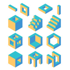 set of geometric blocks of different shapes and contrast colors, isometric illustration