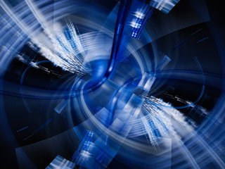 Abstract background element. Fractal graphics 3d illustration. Symmetric composition of repeating grids. Information technology concept. Blue and black colors.