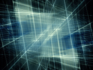 Fototapeta na wymiar Abstract background element. Fractal graphics 3d illustration. Symmetric composition of repeating grids. Information technology concept. Blue and black colors.