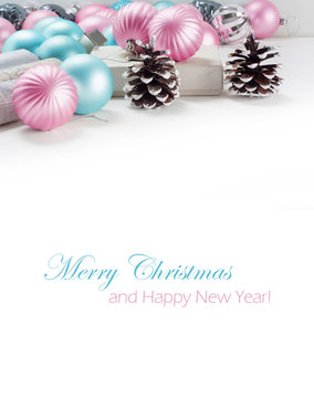 Pink And Blue Christmas Balls With Gift Box And Wrapping Paper