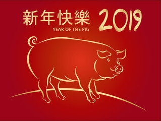 2019 Happy Chinese New Year, Hieroglyphs, gold pig on red gradient background. Greeting card, banner, poster, flyer or invitation. Hand drawn vector illustration.
