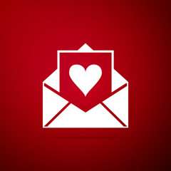Envelope with Valentine heart icon isolated on red background. Letter love and romance. Flat design. Vector Illustration