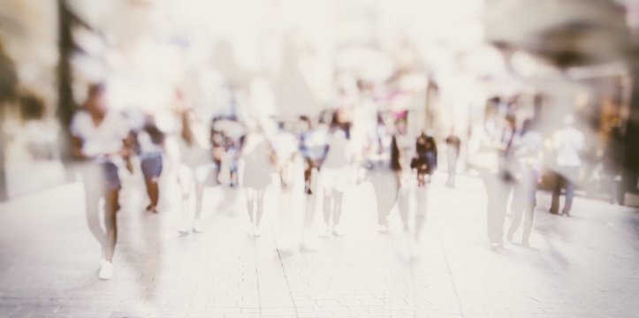 Crowd Of Anonymous People Walking On Busy City Street, Urban City Life Background