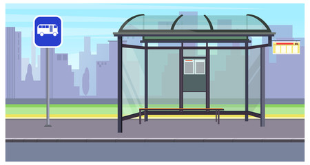 Cityscape with empty bus stop and sign vector illustration. Buildings silhouettes in background. Transportation concept. For websites, wallpapers, posters or banners.