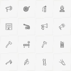 Firefighter line icon set with portable radio , firefighter and hatchet