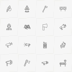 Firefighter line icon set with wildfire, hatchet and save our souls