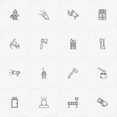 Firefighter line icon set with flame , loudspeaker and siren rescue alarm