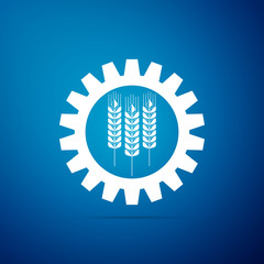Wheat and gear icon isolated on blue background. Agriculture symbol with cereal grains and industrial gears. Industrial and agricultural. Biotechnology concept. Flat design. Vector Illustration