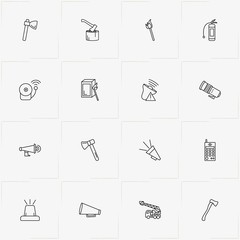Firefighter line icon set with rescue alarm , matches and fire truck