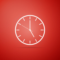 Clock icon isolated on red background. Flat design. Vector Illustration