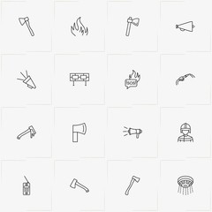 Firefighter line icon set with water hose, loudspeaker and hatchet