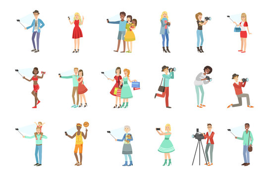 People Taking Picture With Selfie Stick Set Of Illustrations