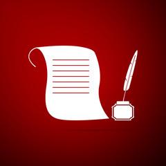 Feather in the inkwell and paper scroll icon isolated on red background. Flat design. Vector Illustration