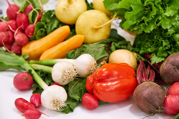 healthy foods are on the table in the kitchen.