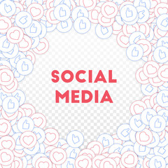 Social media icons. Social media marketing concept. Falling scattered thumbs up hearts. Round random