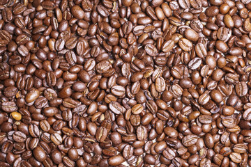coffee roasted beans dark brown close up view from above