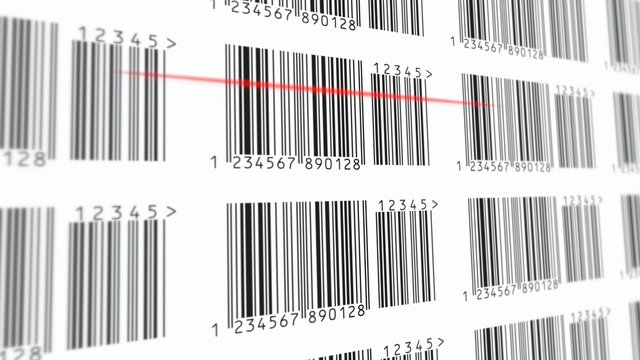 Scanning a barcode with a reader on a page filled with lines and numbers. Red scanline. Close-up shot.

