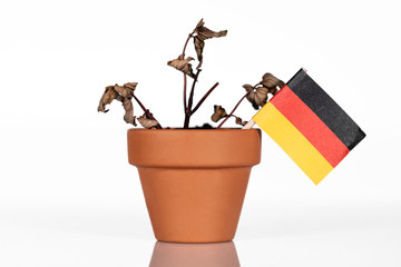 Konzeptbild mit der Flagge Deutschlands  in einem Blumentopf mit verdörrter Pflanze, Konzept Armut und Inflation, schlechte Wirtschaftskraft und Niedergang der Werte oder Währung - obrazy, fototapety, plakaty