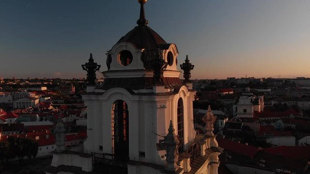 Aerial. Drone fly around the bell tower of St. John's church in Vilnius, Lithuania, Europe. (sventu jonu varpine)