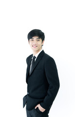 Asia businessman with black suit and black necktie has smiling isolated on white background.