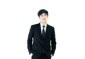 Asia businessman with black suit and black necktie isolated on white background.