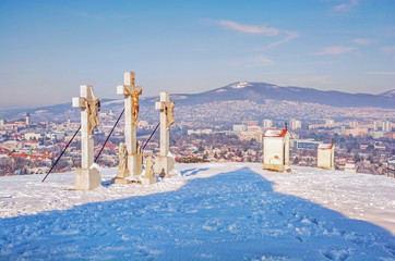 Calvary in Nitra city with Zobor hill, Slovakia