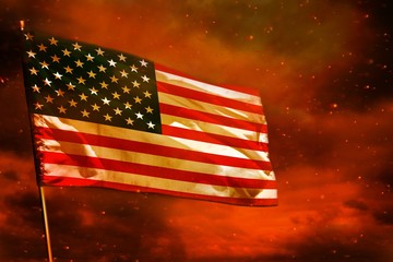 Fluttering USA flag on crimson red sky with smoke pillars background. Troubles concept.