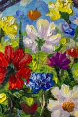 Fototapeta na wymiar Big Multicolored spring flowers impressionist palette knife oil painting fragment close-up macro artwork flower nature