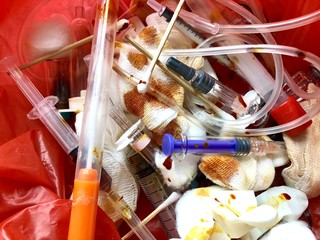 Infectious waste must be disposed of in the trash bag and red in hospitals.