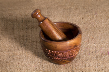 wooden mortar close up view