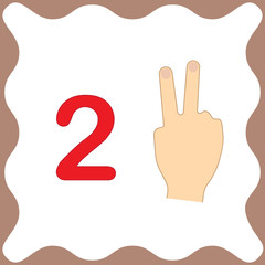 Number 2 (two), educational card, learning counting with fingers of hand, mathematics. Vector illustration.