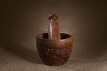 wooden mortar close up view