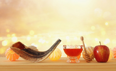 Rosh hashanah (jewish New Year holiday) concept. Traditional symbols.