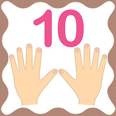 Number 10 (ten), educational card, learning counting with fingers of hand, mathematics. Vector illustration.