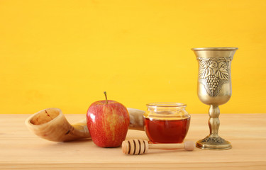 Rosh hashanah (jewish New Year holiday) concept. Traditional symbols.