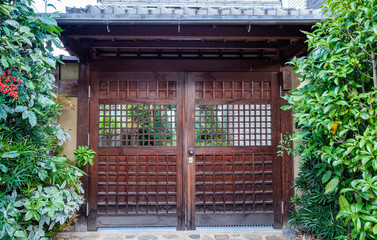 Ancient wooden door closed with green flora garden