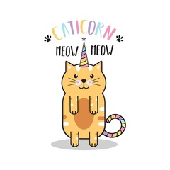 Cute vector cartoon flat cat. Caticorn. Cat like unicorn. Print for t-shirt