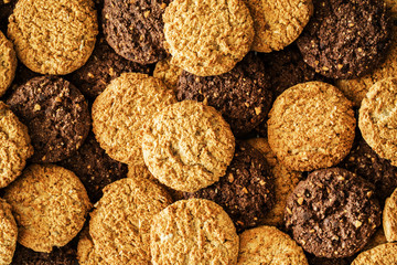 Many cookies stacked high angle view