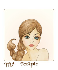 Scorpio. A young beautiful girl In the form of one of the signs of the zodiac.